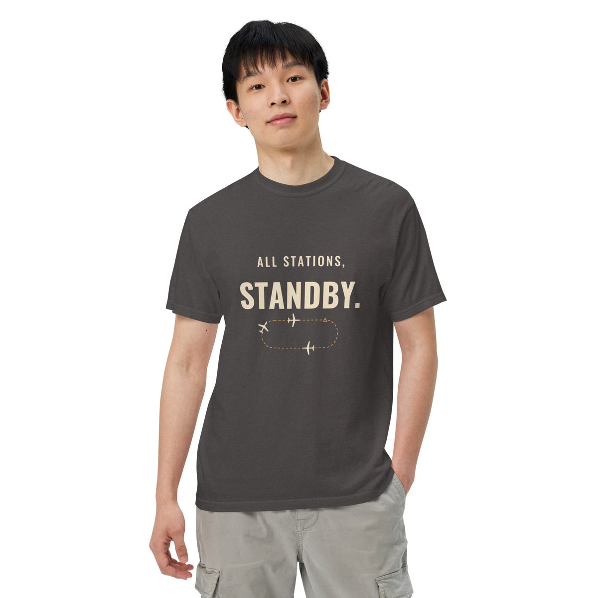 All Stations, Standby ATC t-shirt with aircraft in a holding pattern