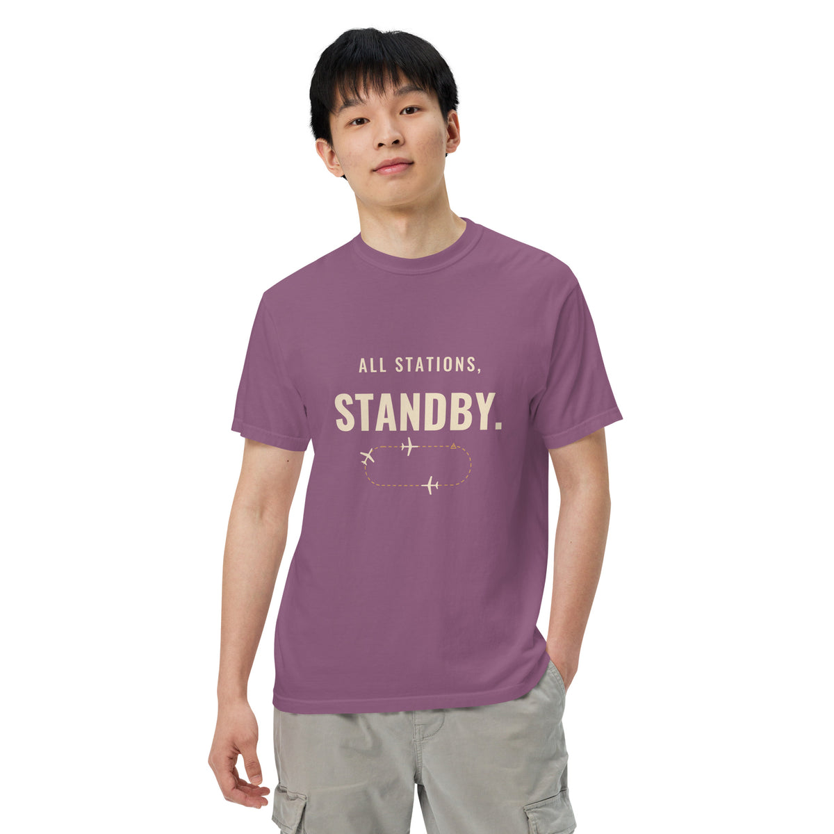 All Stations, Standby ATC t-shirt – aircraft in a holding pattern, heavyweight garment-dyed tee