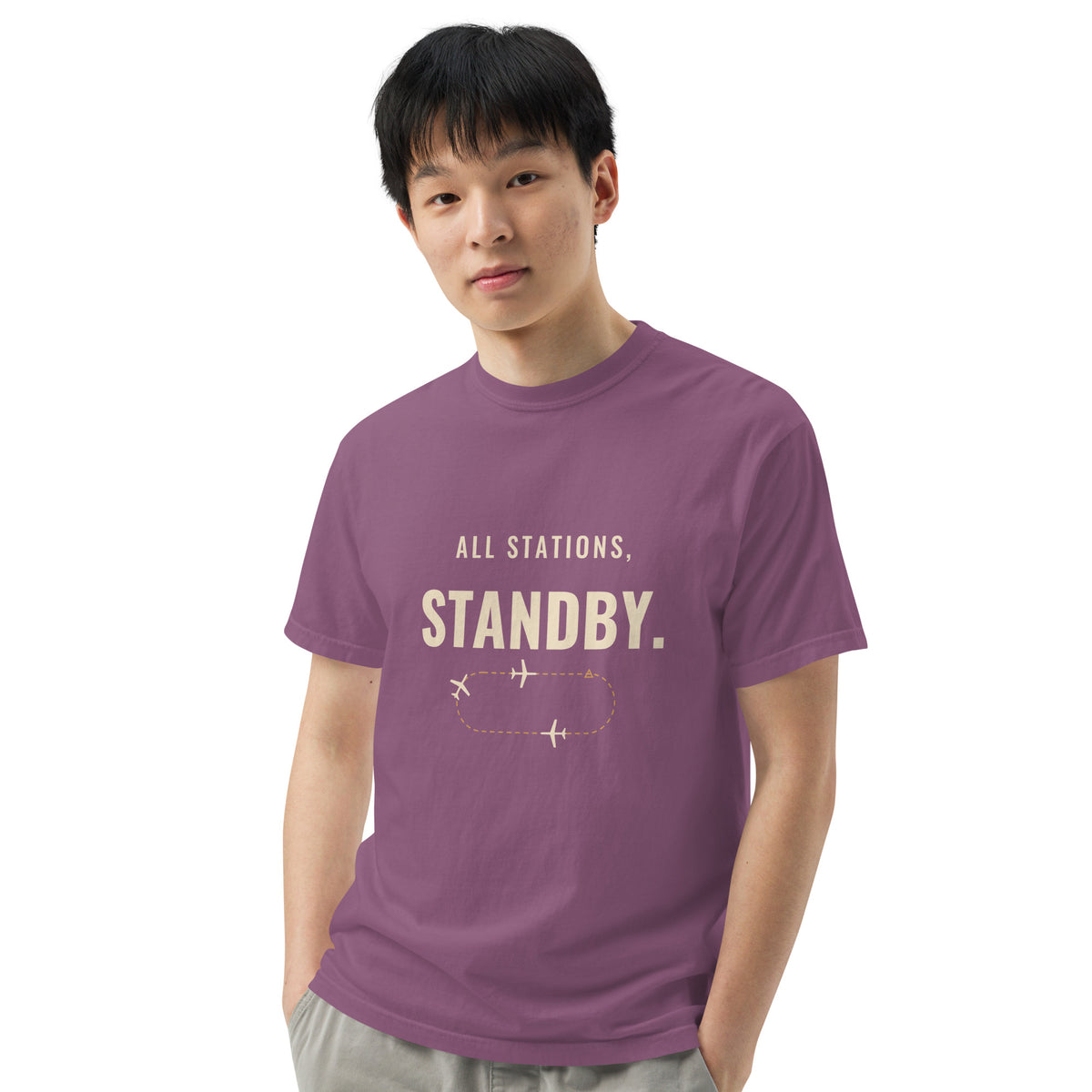 All Stations, Standby ATC t-shirt – aircraft in a holding pattern, heavyweight garment-dyed tee