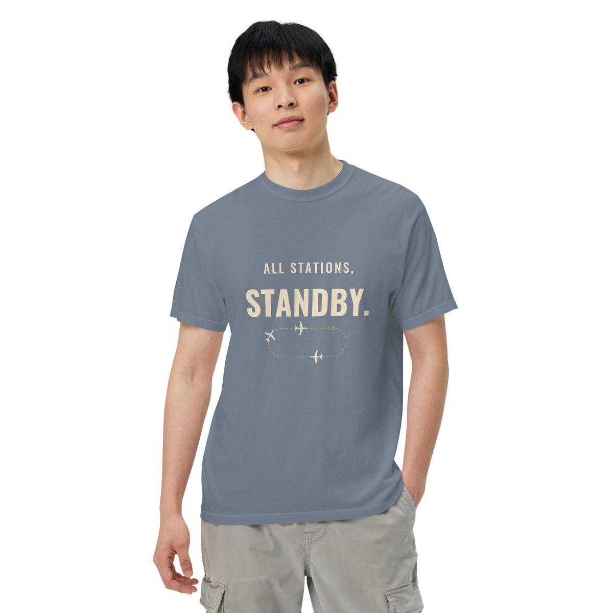 All Stations, Standby ATC t-shirt – aircraft in a holding pattern, heavyweight garment-dyed tee