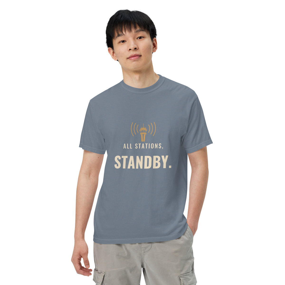 All Stations, Standby ATC t-shirt – control tower broadcasting on frequency, heavyweight garment-dyed tee
