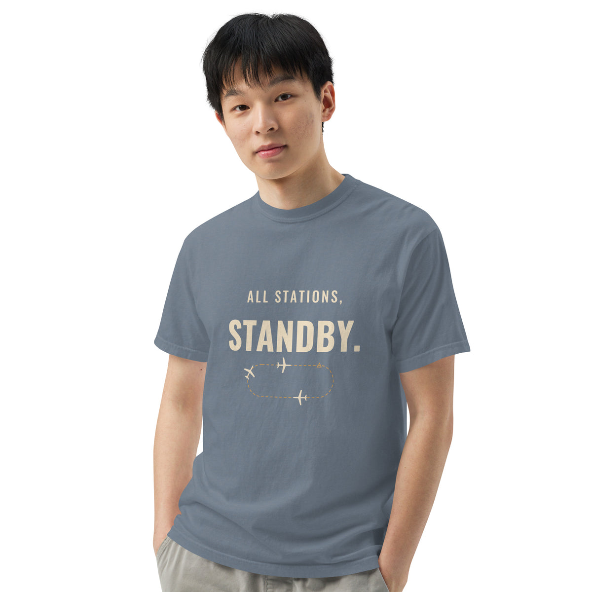 All Stations, Standby ATC t-shirt – aircraft in a holding pattern, heavyweight garment-dyed tee