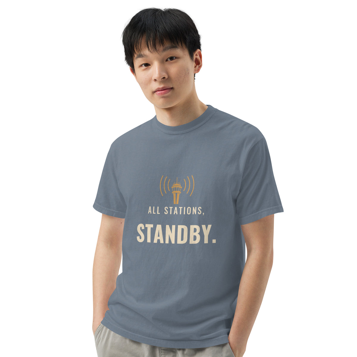 All Stations, Standby ATC t-shirt – control tower broadcasting on frequency, heavyweight garment-dyed tee