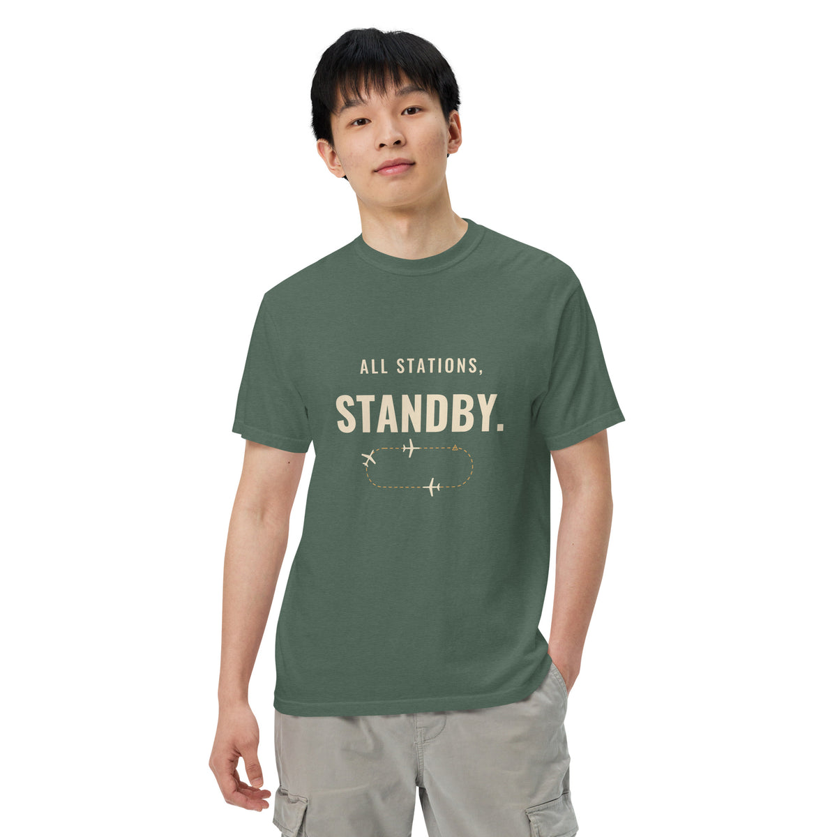 All Stations, Standby ATC t-shirt – aircraft in a holding pattern, heavyweight garment-dyed tee