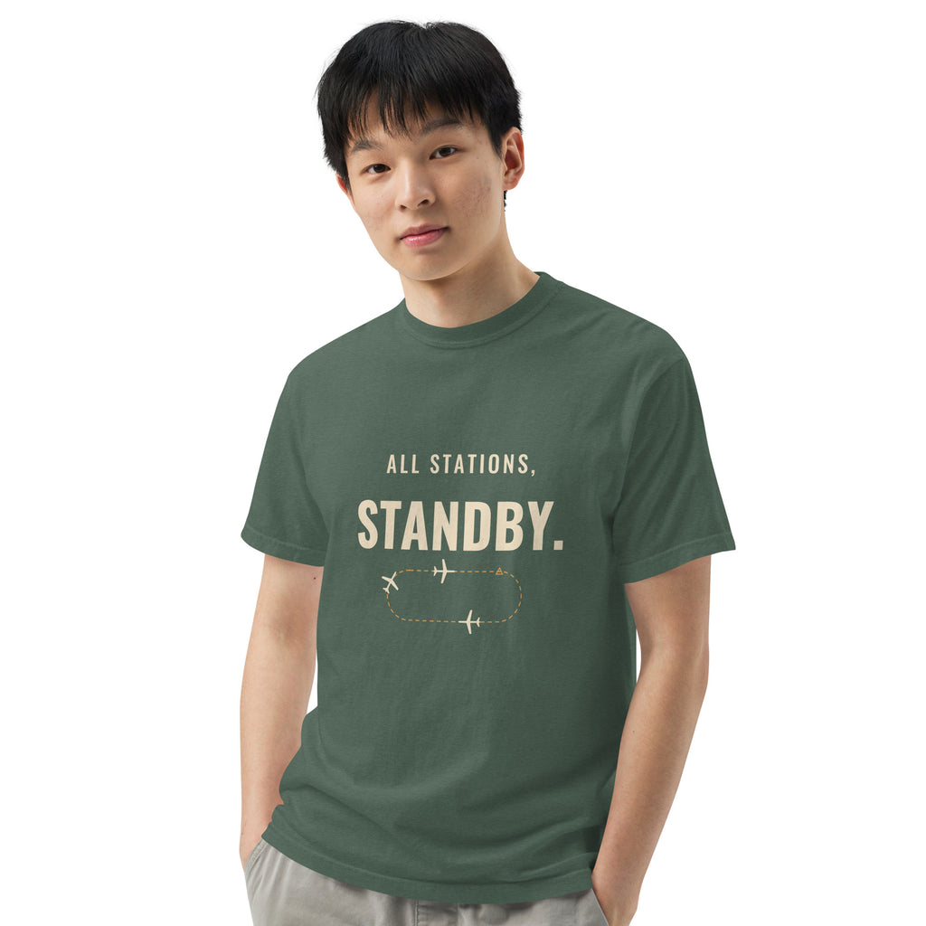 All Stations, Standby ATC t-shirt – aircraft in a holding pattern, heavyweight garment-dyed tee