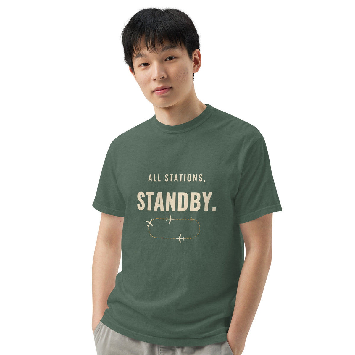 All Stations, Standby ATC t-shirt – aircraft in a holding pattern, heavyweight garment-dyed tee