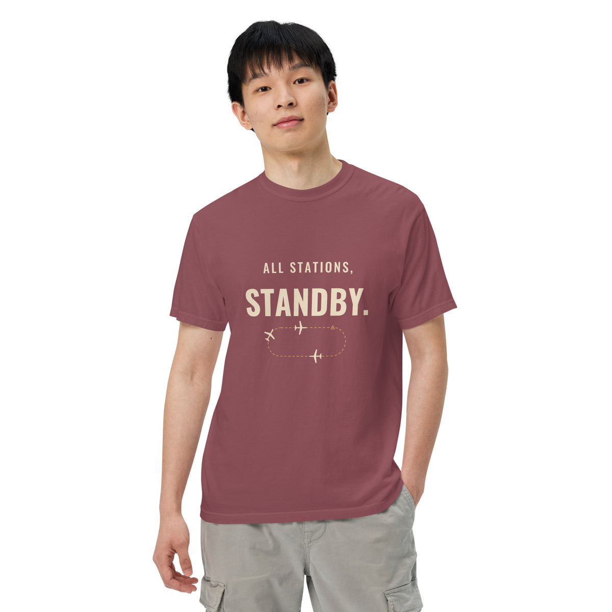 All Stations, Standby ATC t-shirt – aircraft in a holding pattern, heavyweight garment-dyed tee