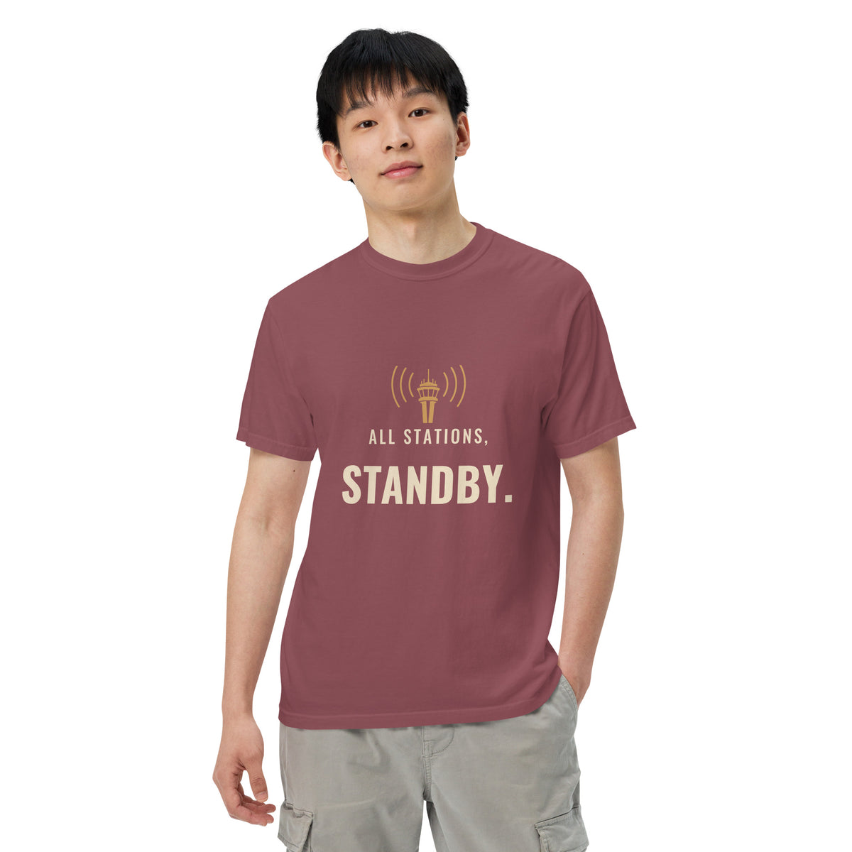 All Stations, Standby ATC t-shirt – control tower broadcasting on frequency, heavyweight garment-dyed tee