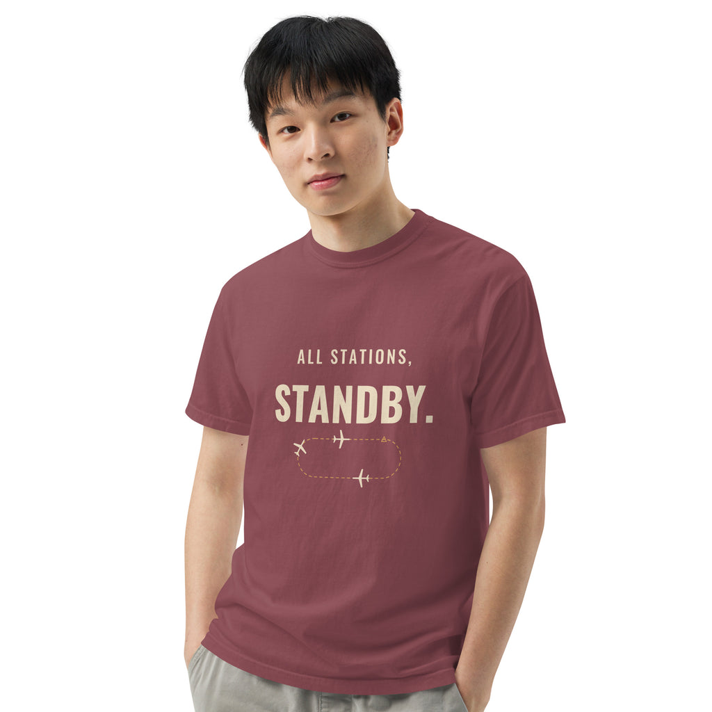 All Stations, Standby ATC t-shirt – aircraft in a holding pattern, heavyweight garment-dyed tee
