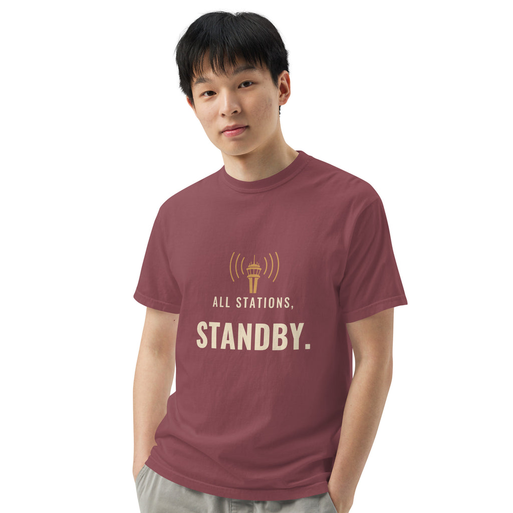 All Stations, Standby ATC t-shirt – control tower broadcasting on frequency, heavyweight garment-dyed tee