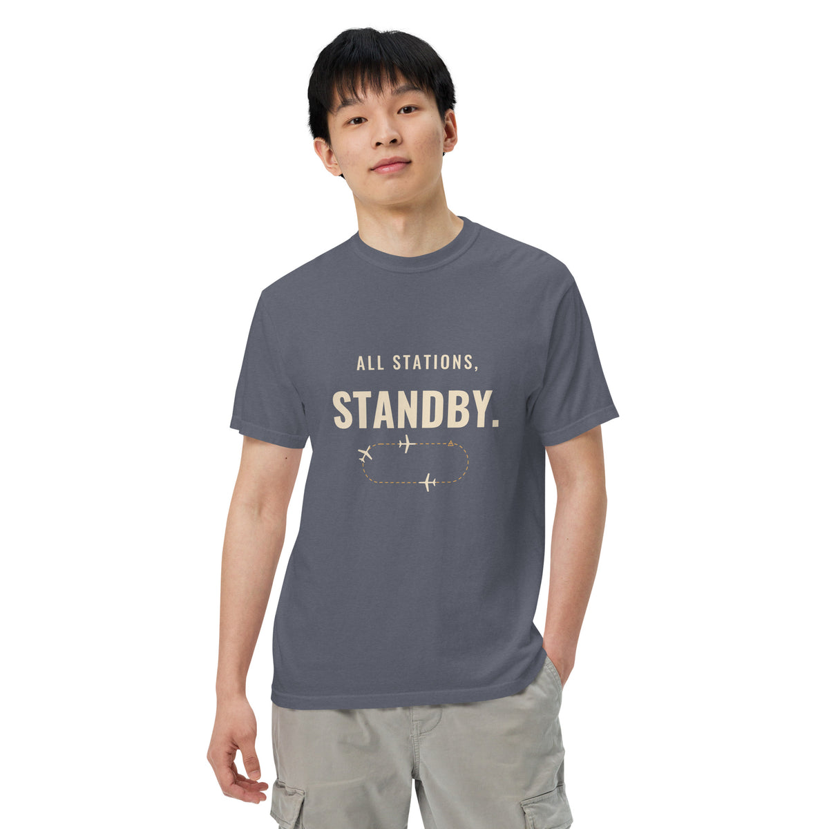 All Stations, Standby ATC t-shirt – aircraft in a holding pattern, heavyweight garment-dyed tee