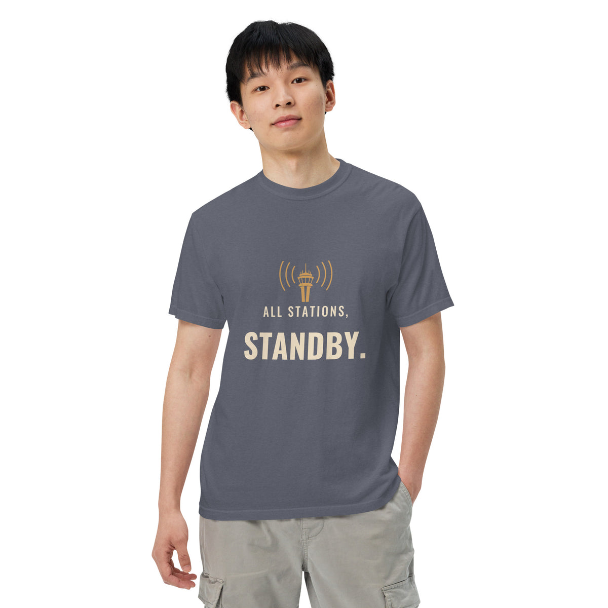 All Stations, Standby ATC t-shirt – control tower broadcasting on frequency, heavyweight garment-dyed tee