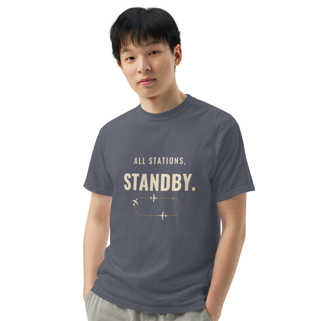 All Stations, Standby ATC t-shirt – aircraft in a holding pattern, heavyweight garment-dyed tee