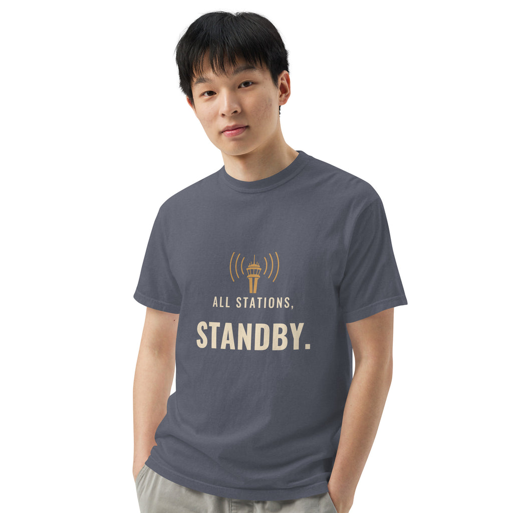 All Stations, Standby ATC t-shirt – control tower broadcasting on frequency, heavyweight garment-dyed tee