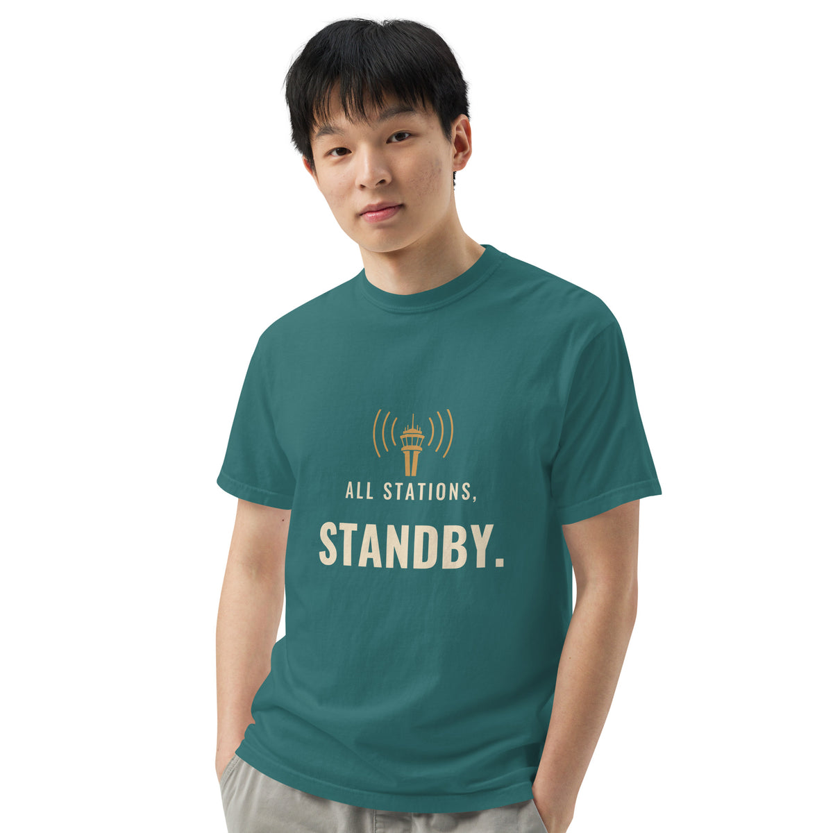 All Stations, Standby ATC t-shirt – control tower broadcasting on frequency, heavyweight garment-dyed tee
