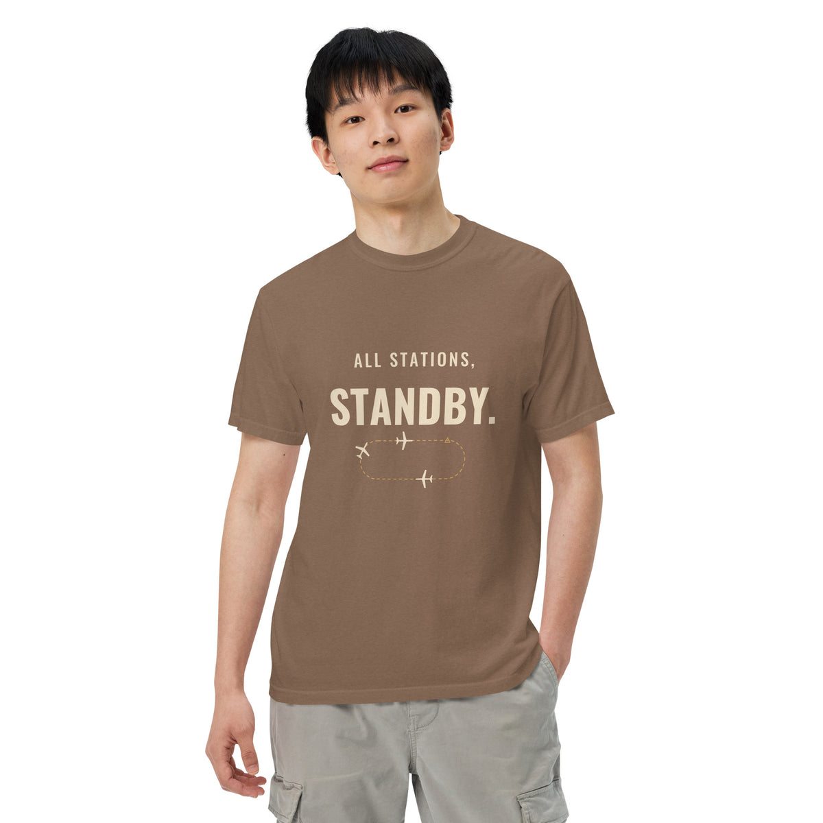 All Stations, Standby ATC t-shirt – aircraft in a holding pattern, heavyweight garment-dyed tee