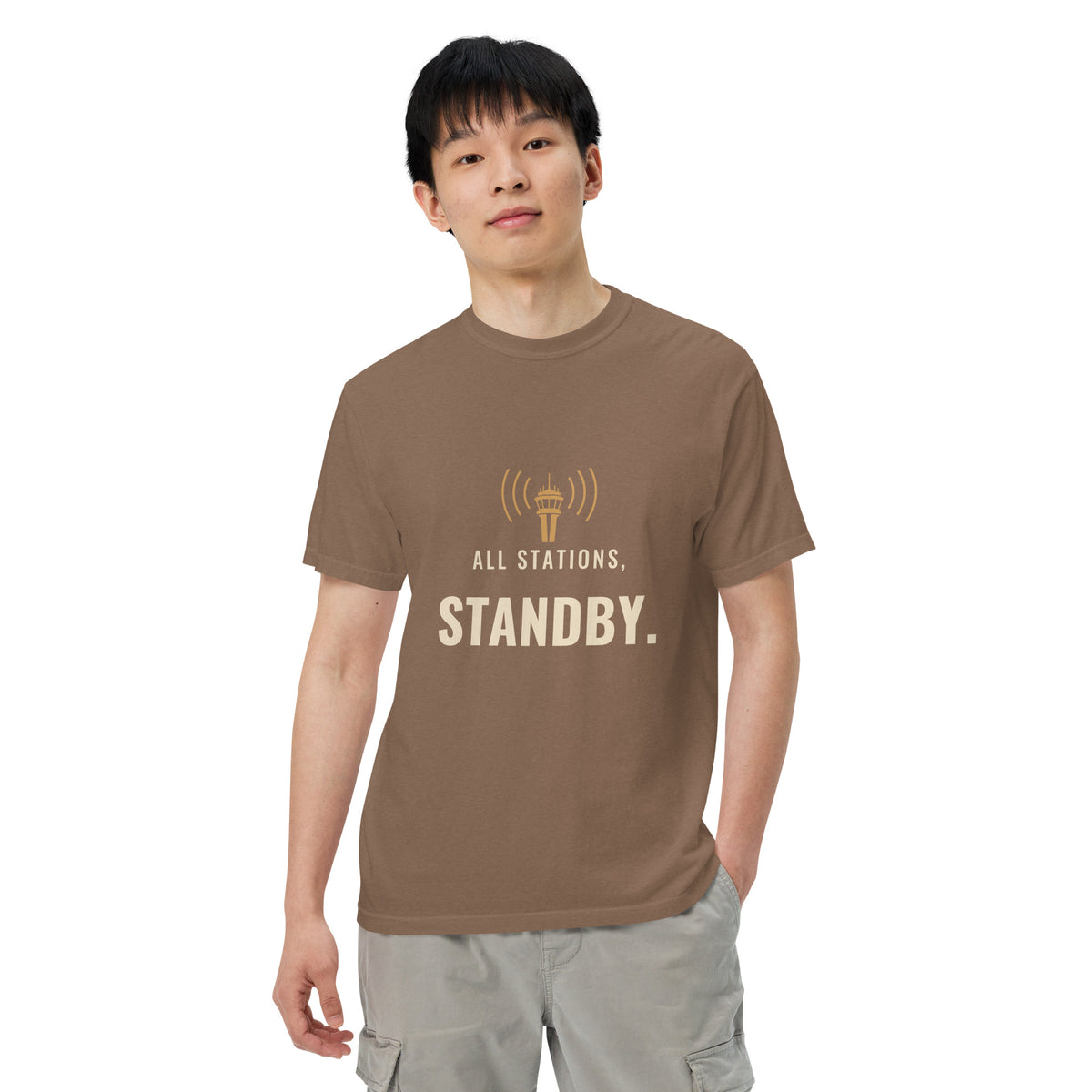 All Stations, Standby ATC t-shirt – control tower broadcasting on frequency, heavyweight garment-dyed tee
