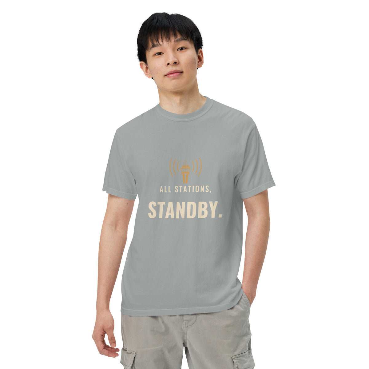 All Stations, Standby ATC t-shirt – control tower broadcasting on frequency, heavyweight garment-dyed tee