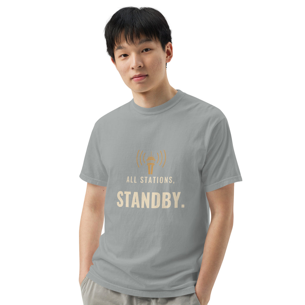 All Stations, Standby ATC t-shirt – control tower broadcasting on frequency, heavyweight garment-dyed tee