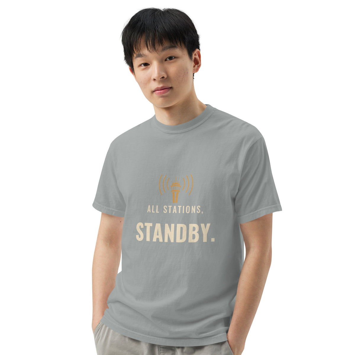 All Stations, Standby ATC t-shirt – control tower broadcasting on frequency, heavyweight garment-dyed tee