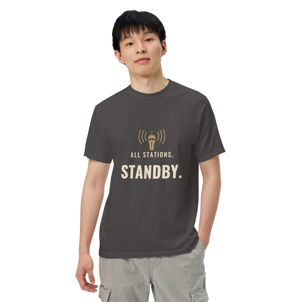 All Stations, Standby ATC t-shirt – control tower broadcasting on frequency, heavyweight garment-dyed tee