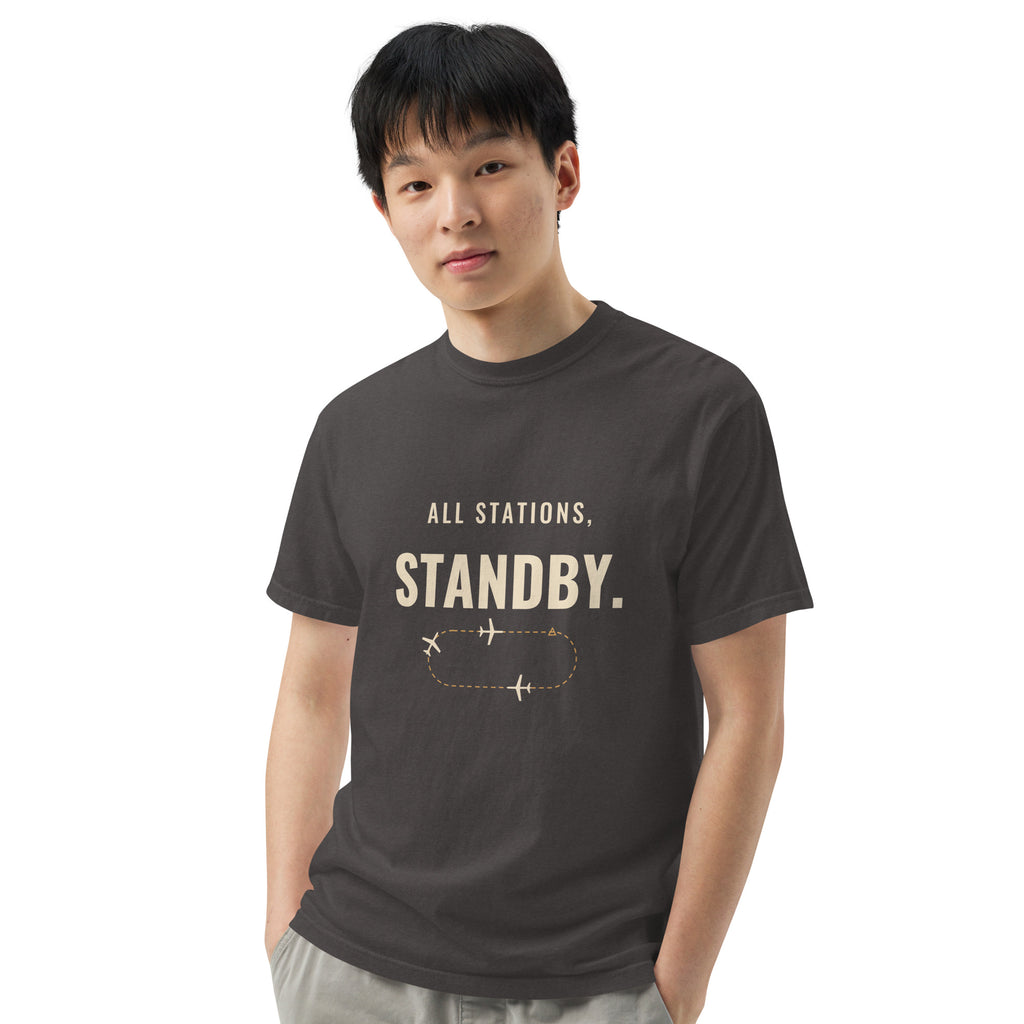 All Stations, Standby ATC t-shirt – aircraft in a holding pattern, heavyweight garment-dyed tee