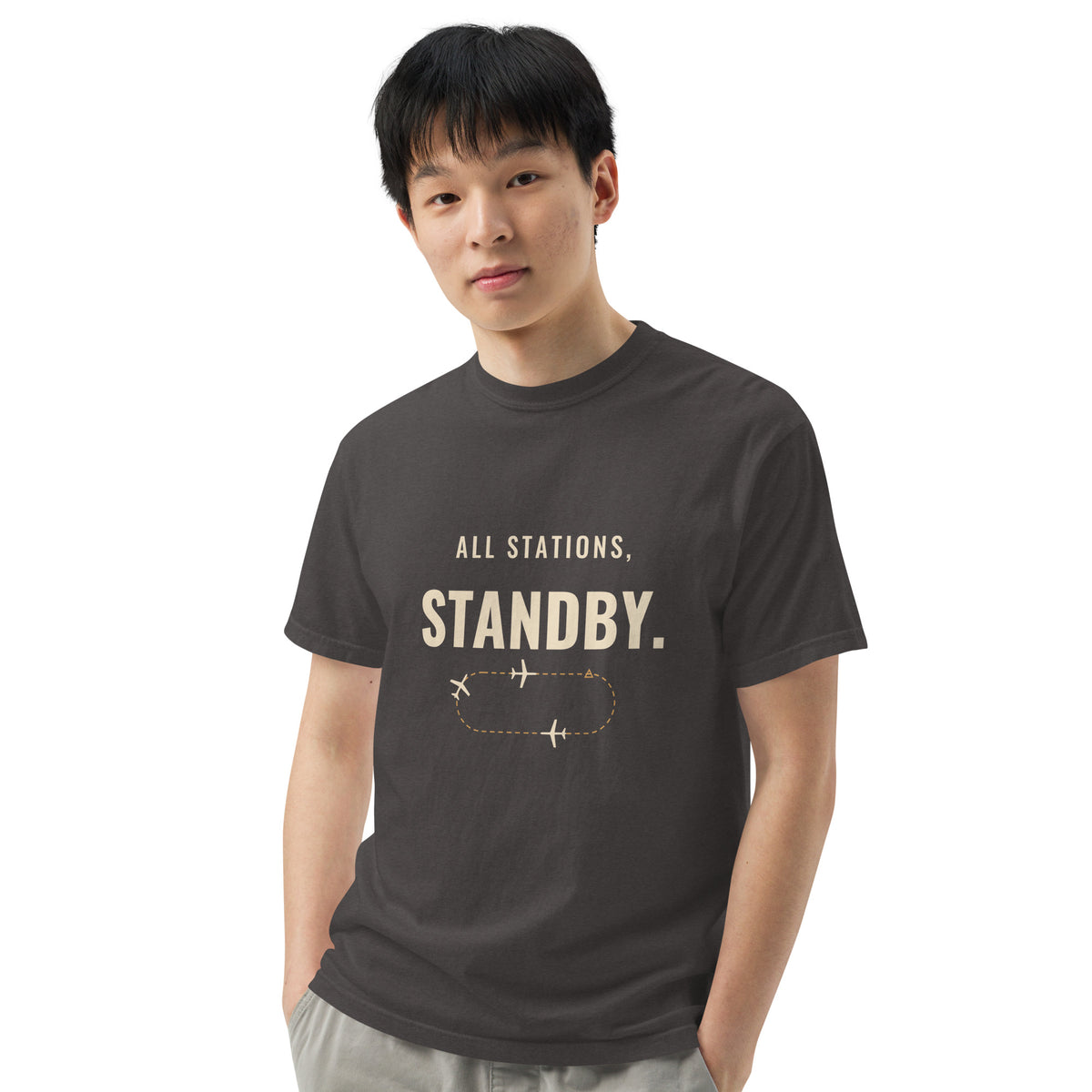 All Stations, Standby ATC t-shirt – aircraft in a holding pattern, heavyweight garment-dyed tee