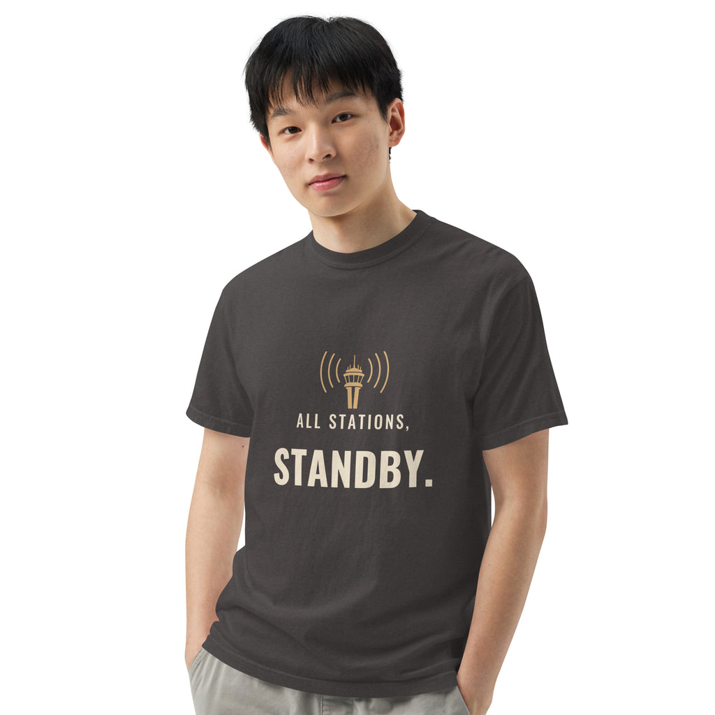 All Stations, Standby ATC t-shirt – control tower broadcasting on frequency, heavyweight garment-dyed tee