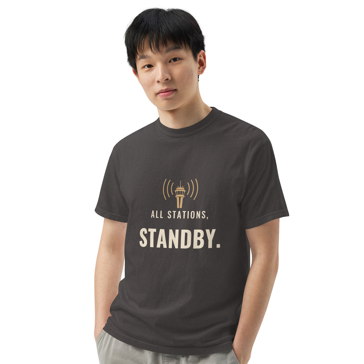 All Stations, Standby ATC t-shirt – control tower broadcasting on frequency, heavyweight garment-dyed tee