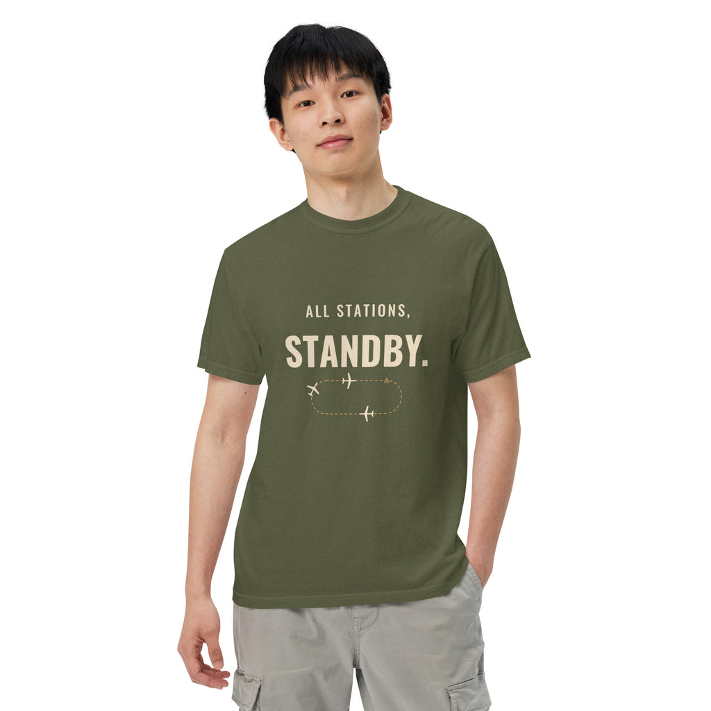 All Stations, Standby ATC t-shirt – aircraft in a holding pattern, heavyweight garment-dyed tee