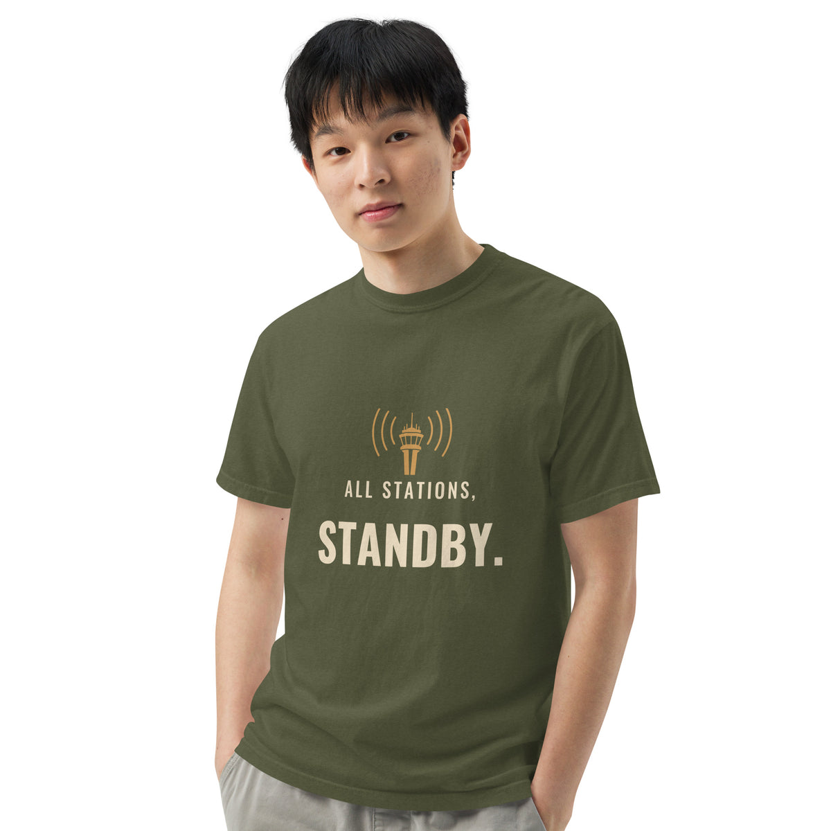 All Stations, Standby ATC t-shirt – control tower broadcasting on frequency, heavyweight garment-dyed tee
