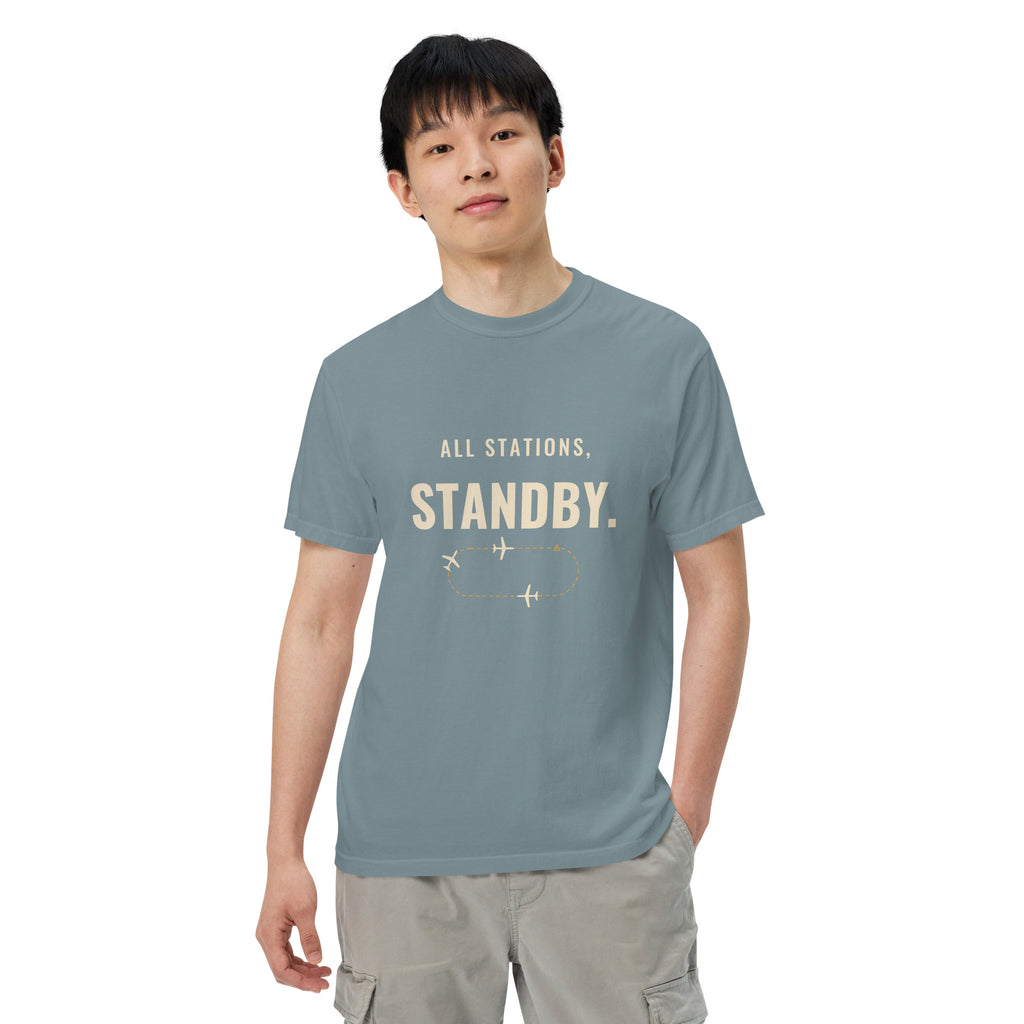 All Stations, Standby ATC t-shirt – aircraft in a holding pattern, heavyweight garment-dyed tee
