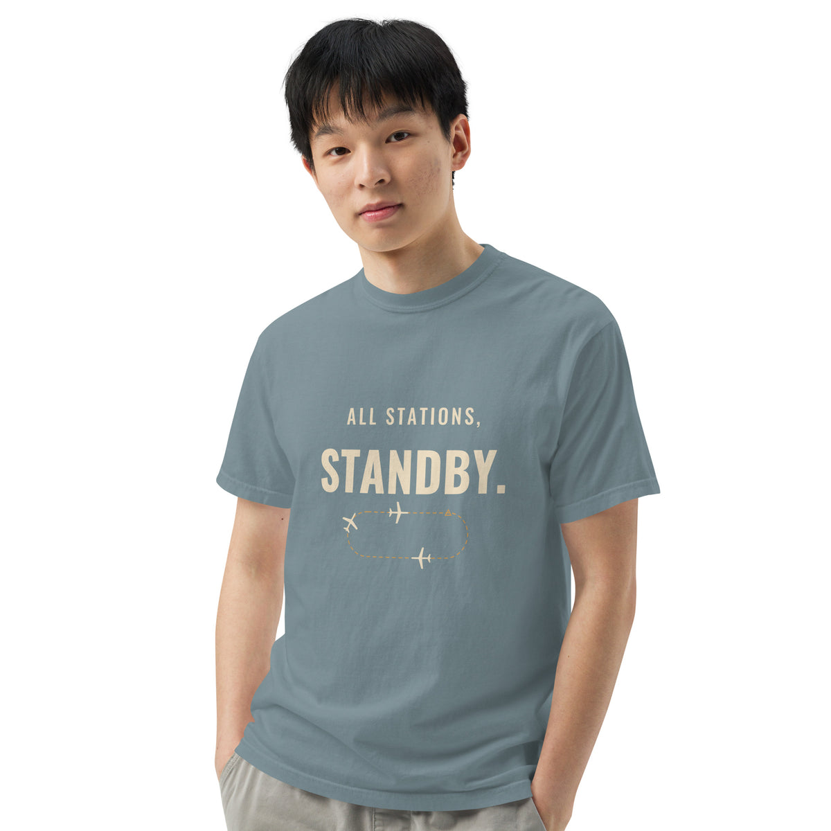 All Stations, Standby ATC t-shirt – aircraft in a holding pattern, heavyweight garment-dyed tee