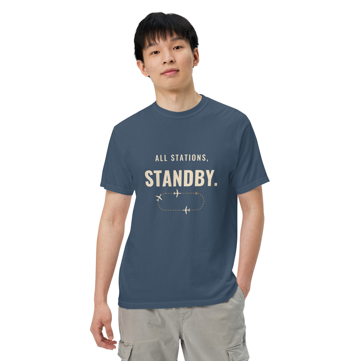 All Stations, Standby ATC t-shirt – aircraft in a holding pattern, heavyweight garment-dyed tee