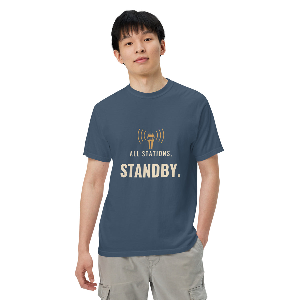 All Stations, Standby ATC t-shirt – control tower broadcasting on frequency, heavyweight garment-dyed tee