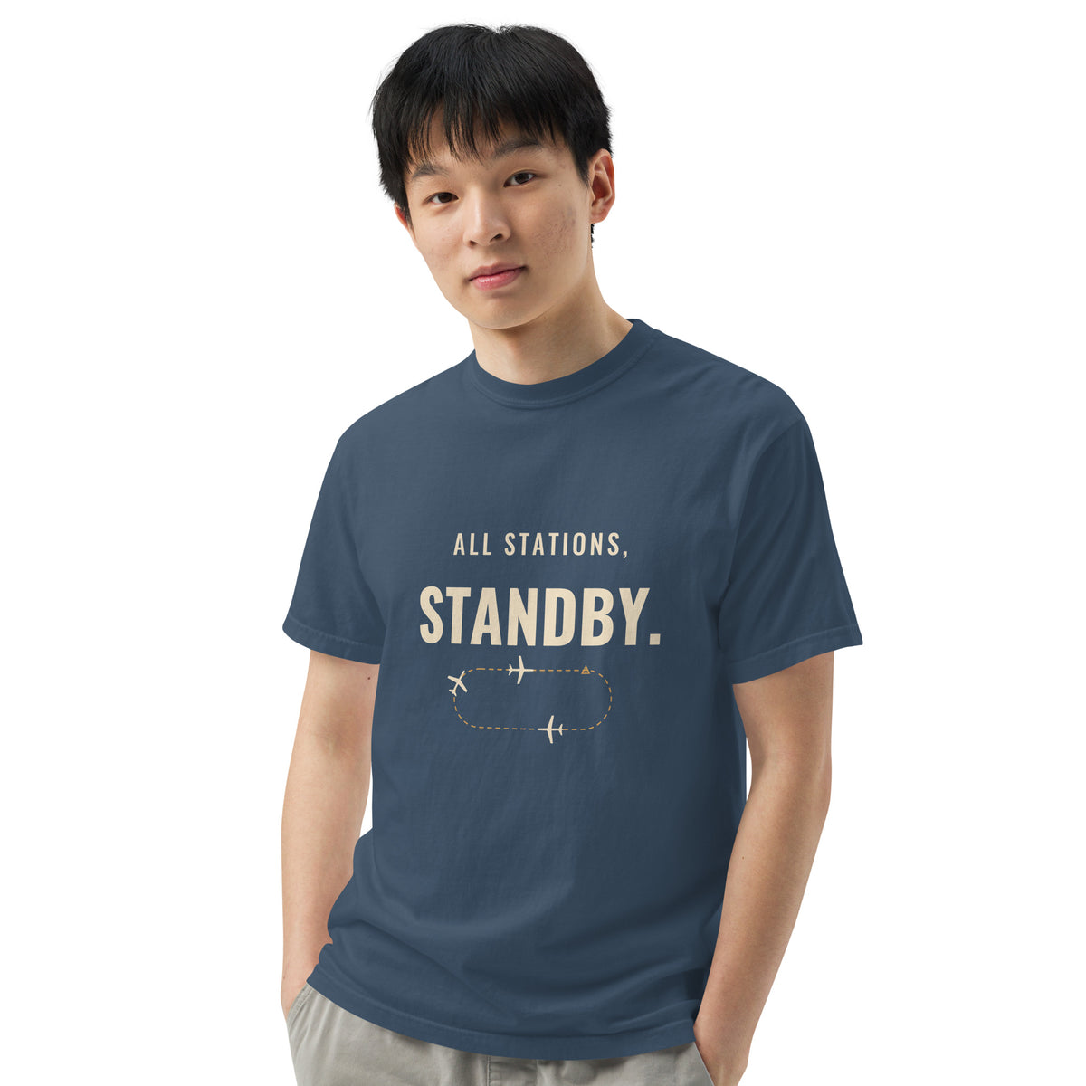 All Stations, Standby ATC t-shirt – aircraft in a holding pattern, heavyweight garment-dyed tee