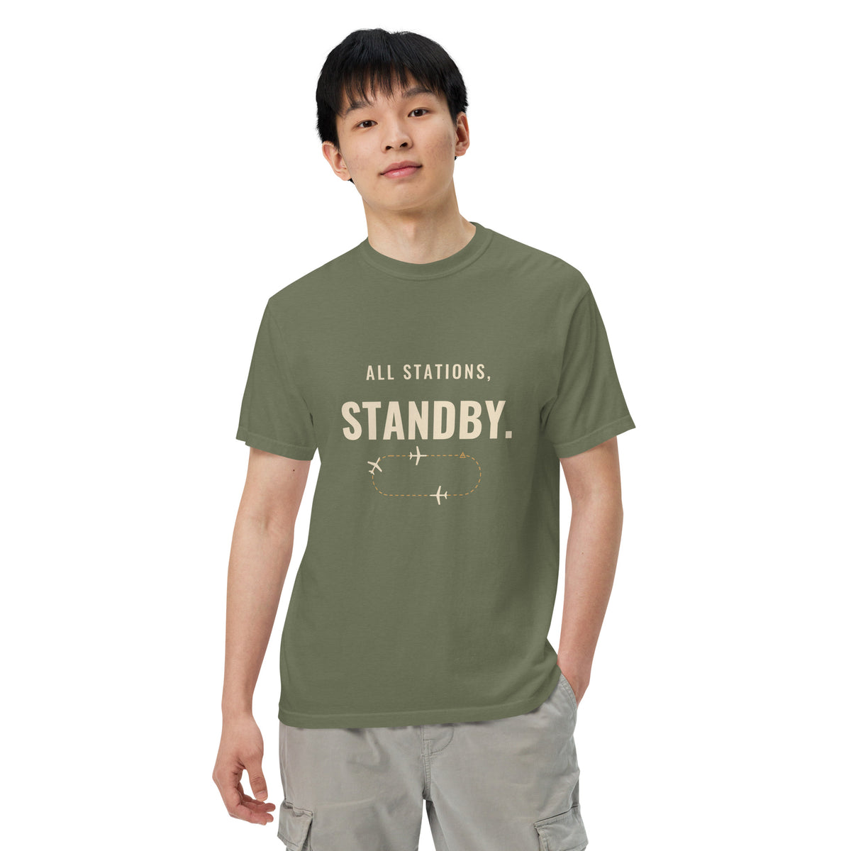 All Stations, Standby ATC t-shirt – aircraft in a holding pattern, heavyweight garment-dyed tee