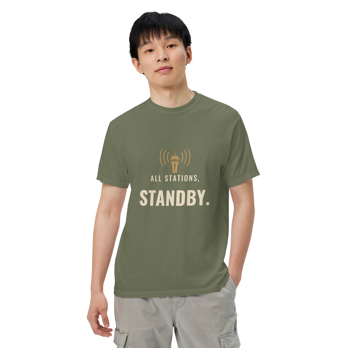 All Stations, Standby ATC t-shirt – control tower broadcasting on frequency, heavyweight garment-dyed tee
