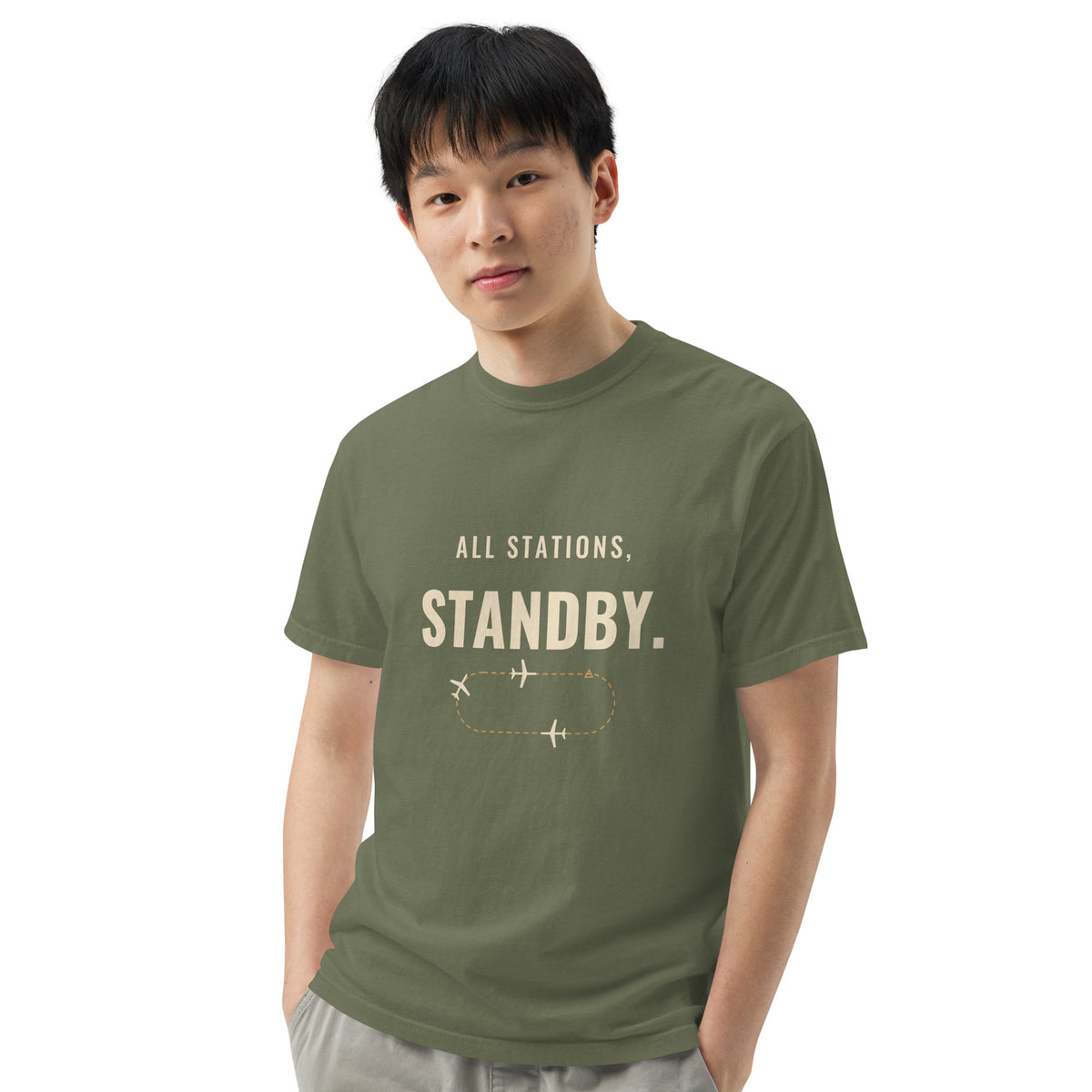 All Stations, Standby ATC t-shirt – aircraft in a holding pattern, heavyweight garment-dyed tee