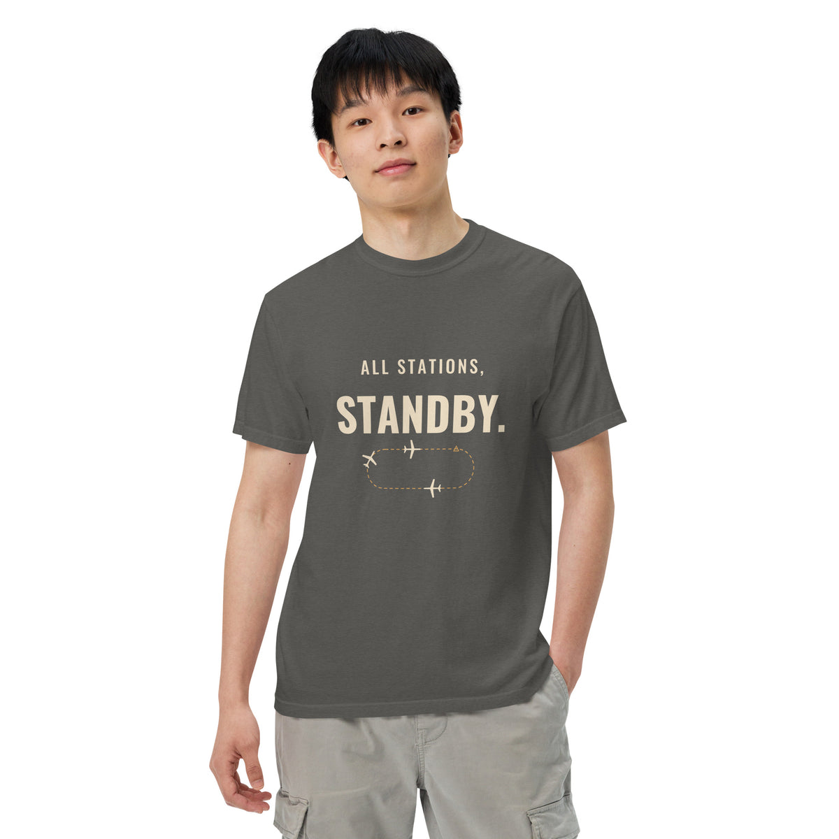 All Stations, Standby ATC t-shirt – aircraft in a holding pattern, heavyweight garment-dyed tee