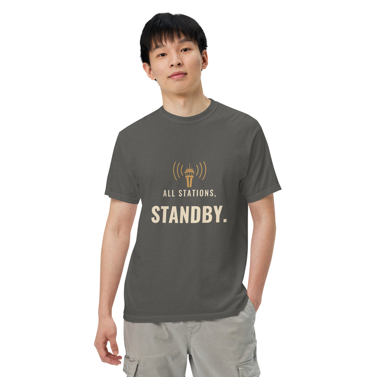 All Stations, Standby ATC t-shirt – control tower broadcasting on frequency, heavyweight garment-dyed tee