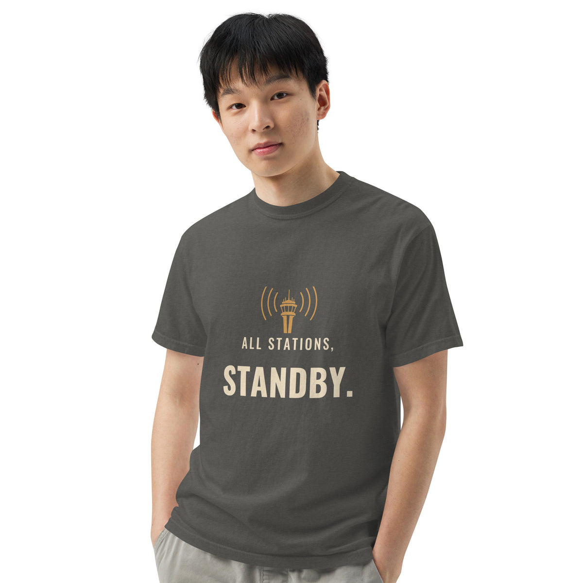 All Stations, Standby ATC t-shirt – control tower broadcasting on frequency, heavyweight garment-dyed tee