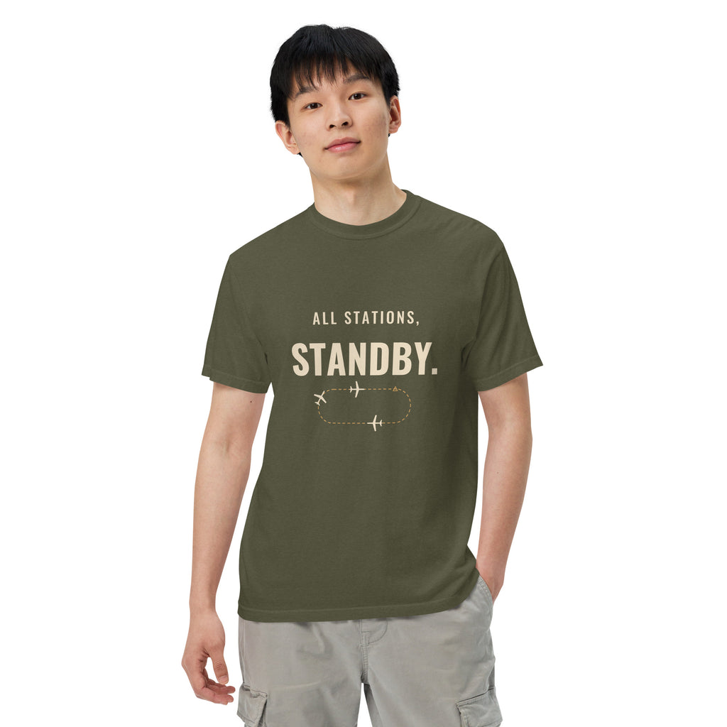 All Stations, Standby ATC t-shirt – aircraft in a holding pattern, heavyweight garment-dyed tee