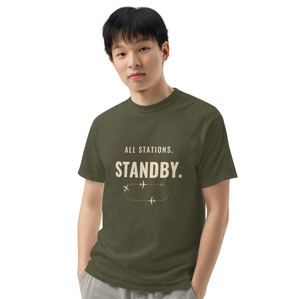 All Stations, Standby ATC t-shirt – aircraft in a holding pattern, heavyweight garment-dyed tee