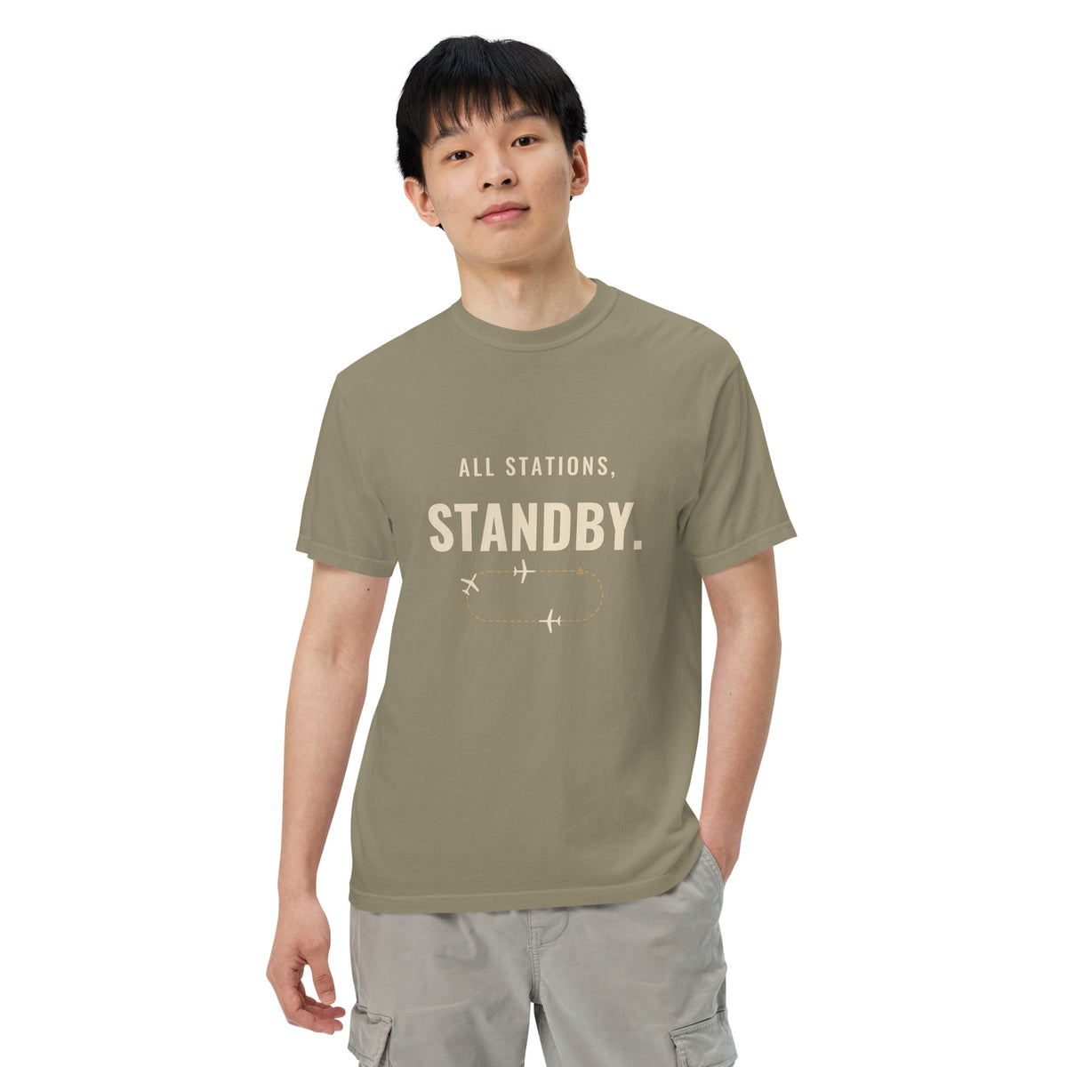 All Stations, Standby ATC t-shirt – aircraft in a holding pattern, heavyweight garment-dyed tee