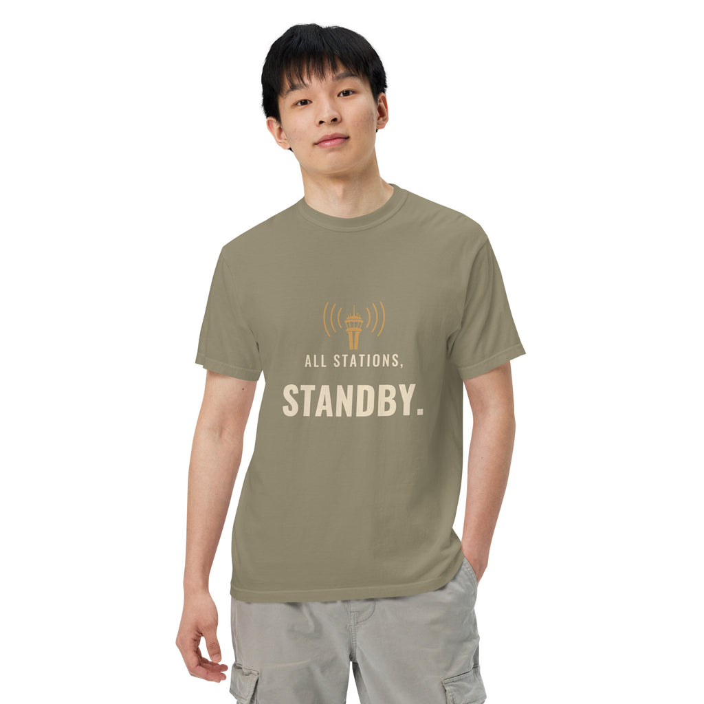 All Stations, Standby ATC t-shirt – control tower broadcasting on frequency, heavyweight garment-dyed tee