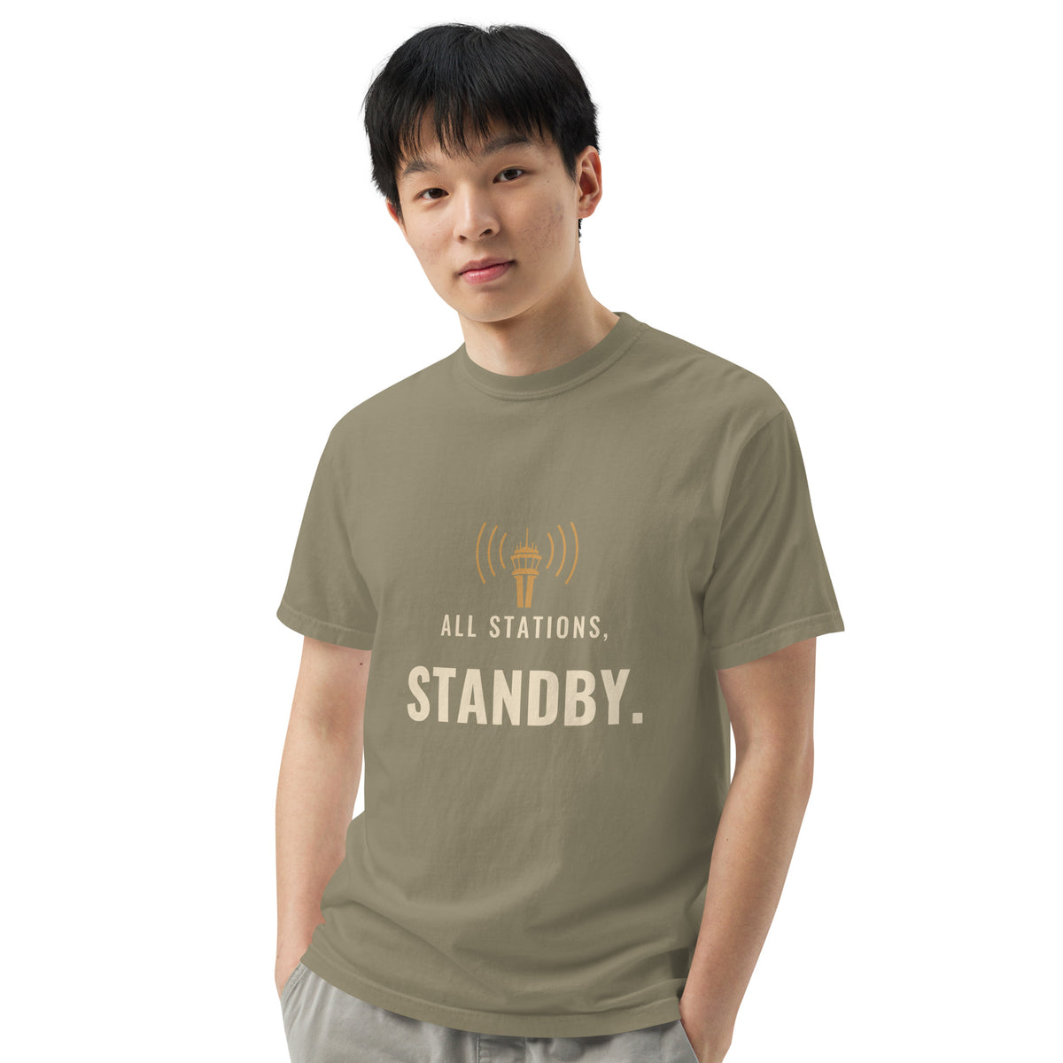 All Stations, Standby ATC t-shirt – control tower broadcasting on frequency, heavyweight garment-dyed tee