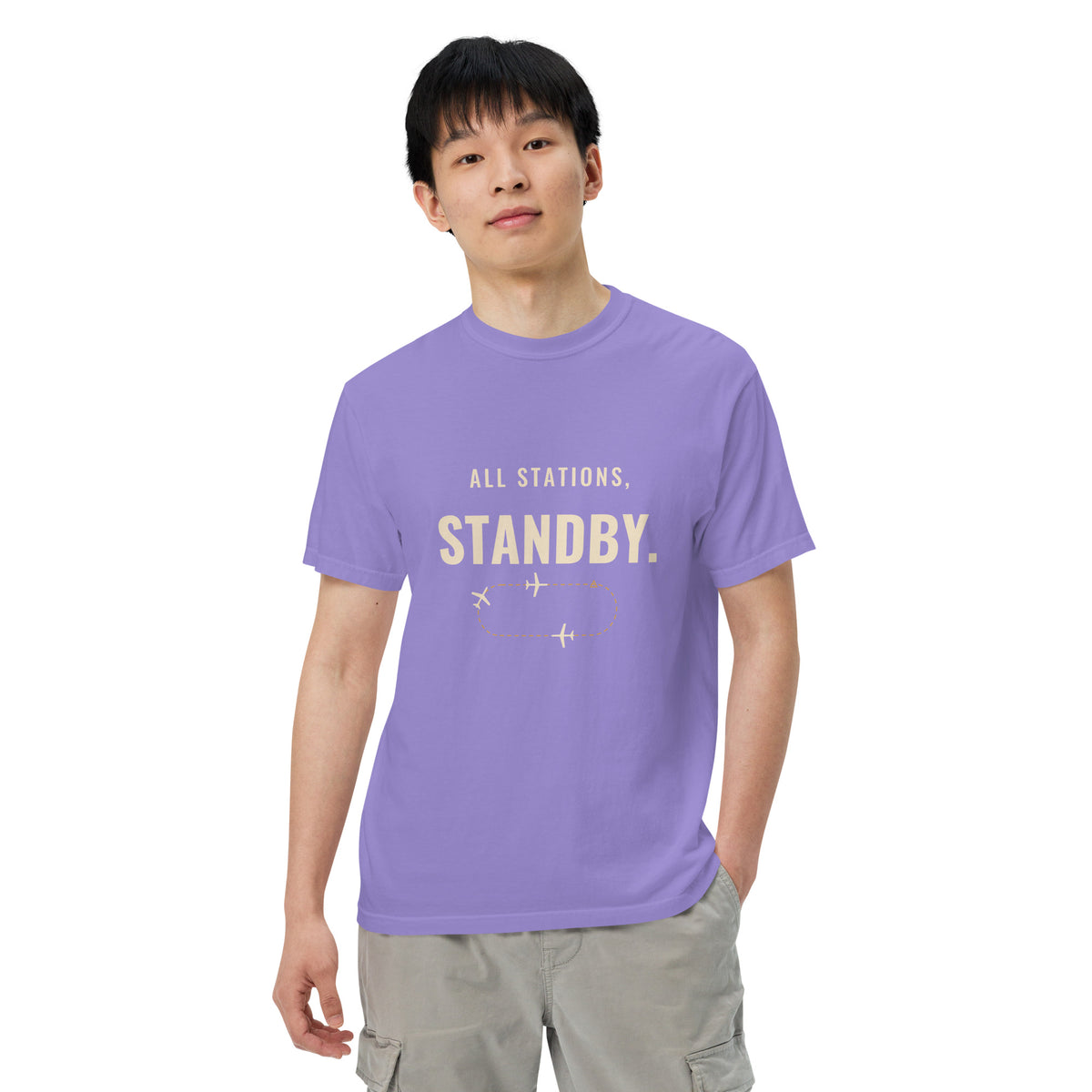 All Stations, Standby ATC t-shirt – aircraft in a holding pattern, heavyweight garment-dyed tee