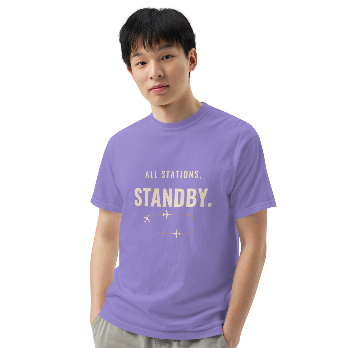 All Stations, Standby ATC t-shirt – aircraft in a holding pattern, heavyweight garment-dyed tee