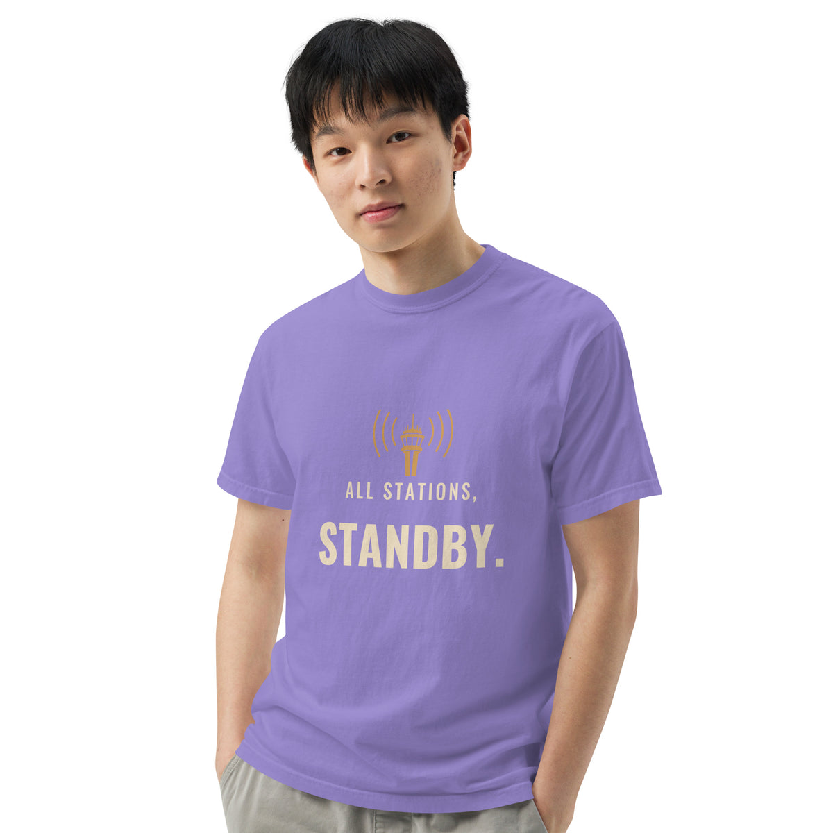 All Stations, Standby ATC t-shirt – control tower broadcasting on frequency, heavyweight garment-dyed tee